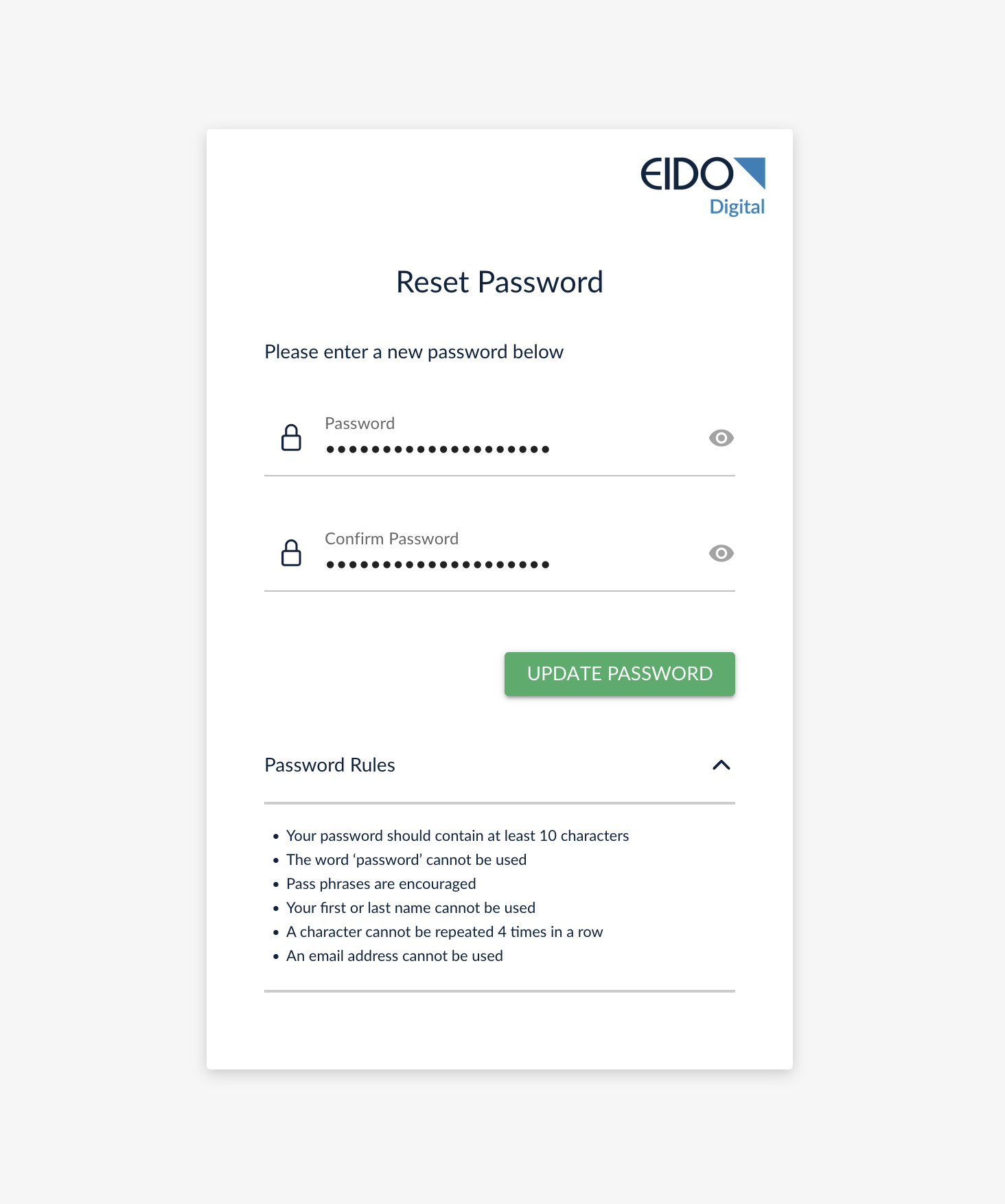 reset password page