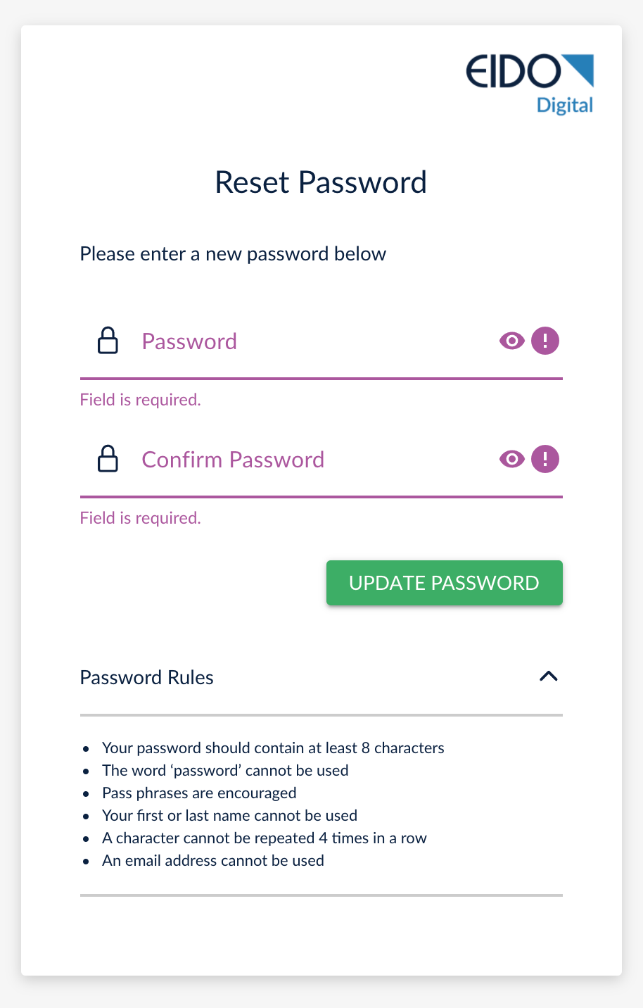 Password reset page