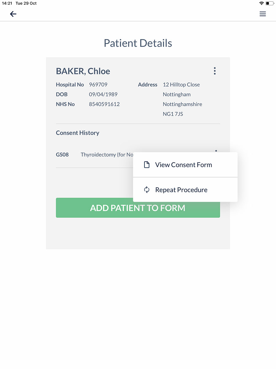 Patient details screen