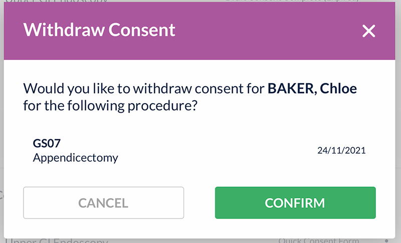Withdraw consent dialog