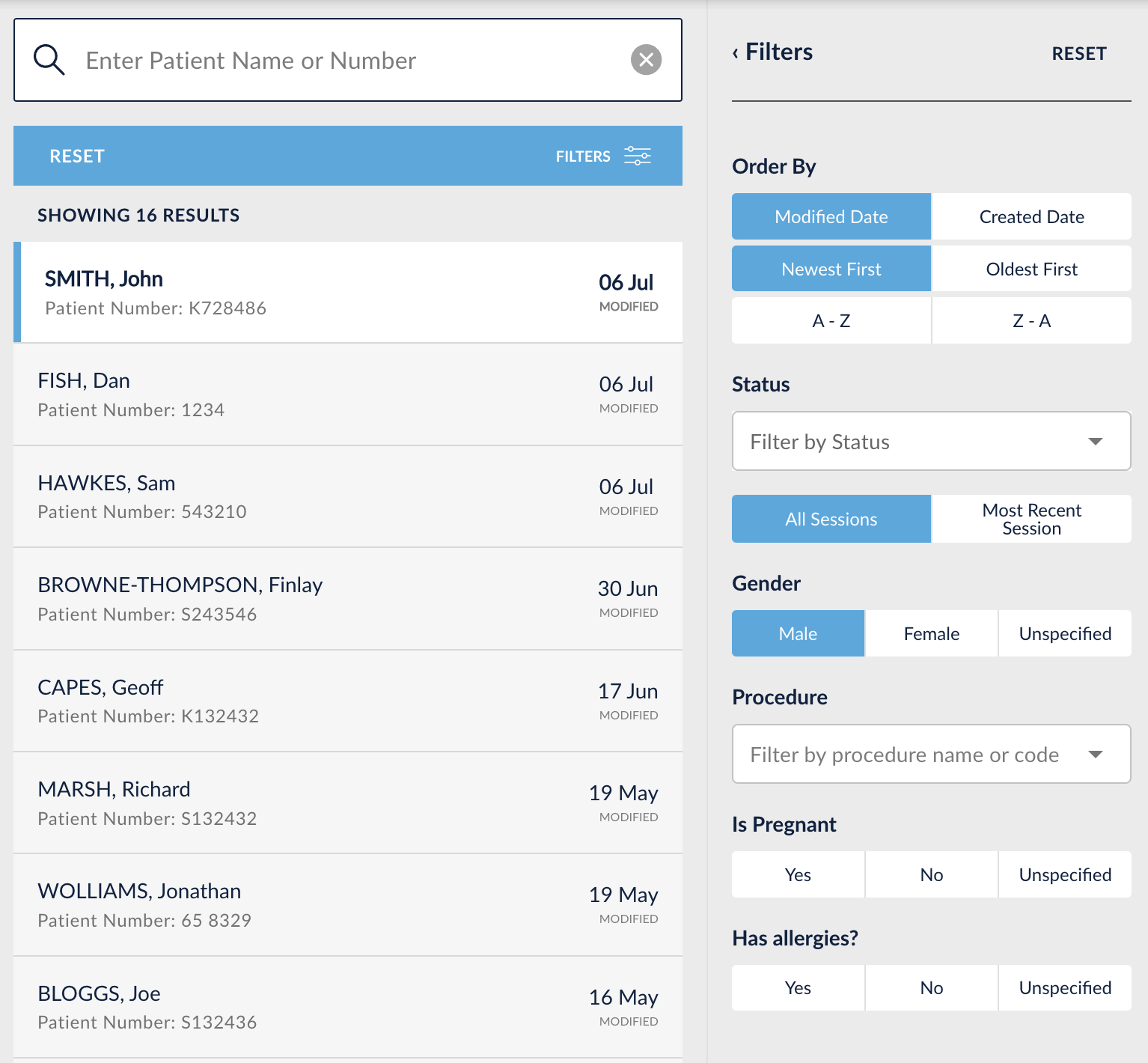 Patient List Filters